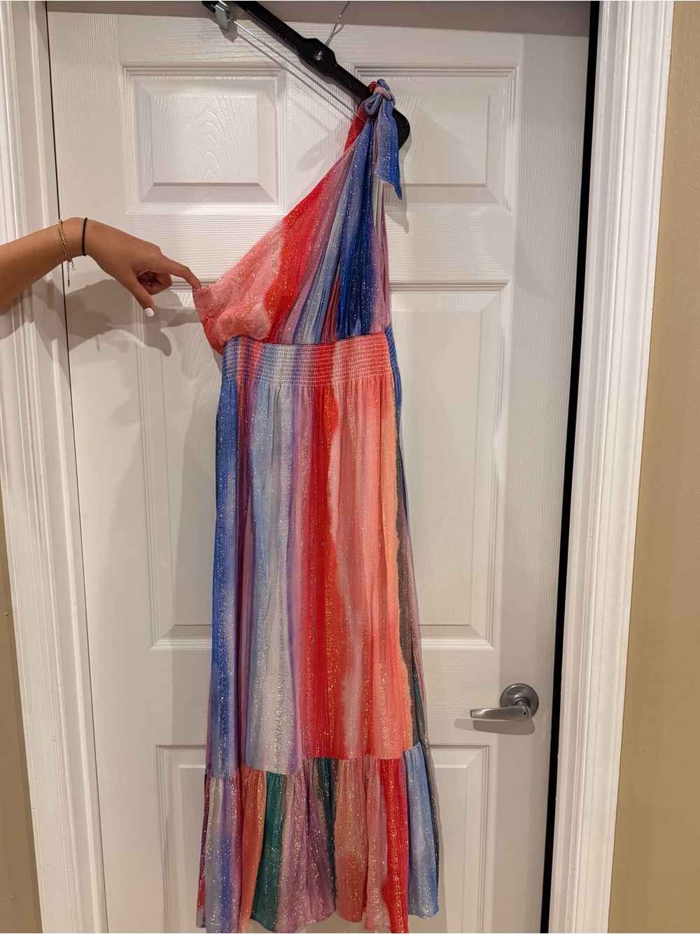 Just Bellina Red and Pink Shimmer One-Shoulder Gown
